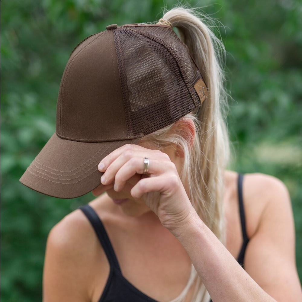 Brown C.C. Ponytail messy bun baseball hat cap